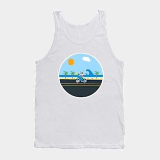 Cycling kawaii dog to the beach with his surfboard Tank Top